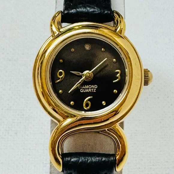 Avon Diamond Small Face Women's Watch Gold Black Dial Leather 2007 F313928-1/P - Picture 13 of 14